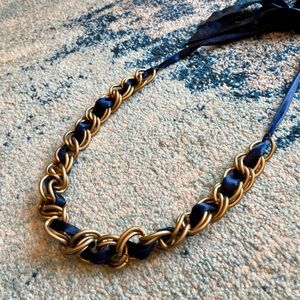 Brass and navy ribbon tie statement necklace